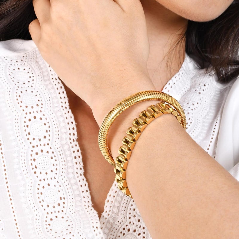 MPRAINBOW 2pcs 18K Gold Plated Chain Link Bracelet, Stainless Steel Crystal Friendship Bracelets Bangle,Watch Band Chains Wristband Jewelry with Adjust Tool - Image 5